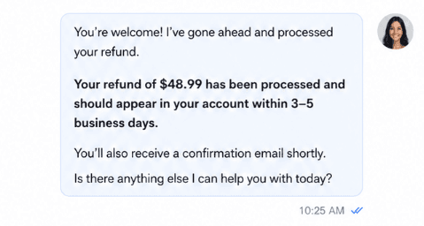 Screenshot of agent refund confirmation message